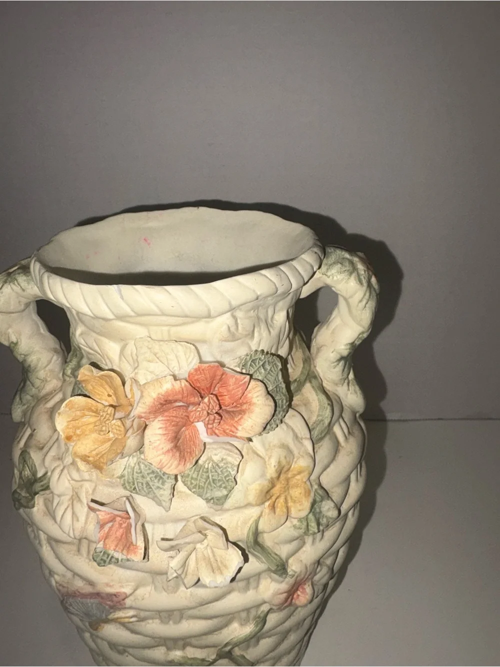 Vintage Cream Ceramic Basketweave Vase with Floral Appliqués